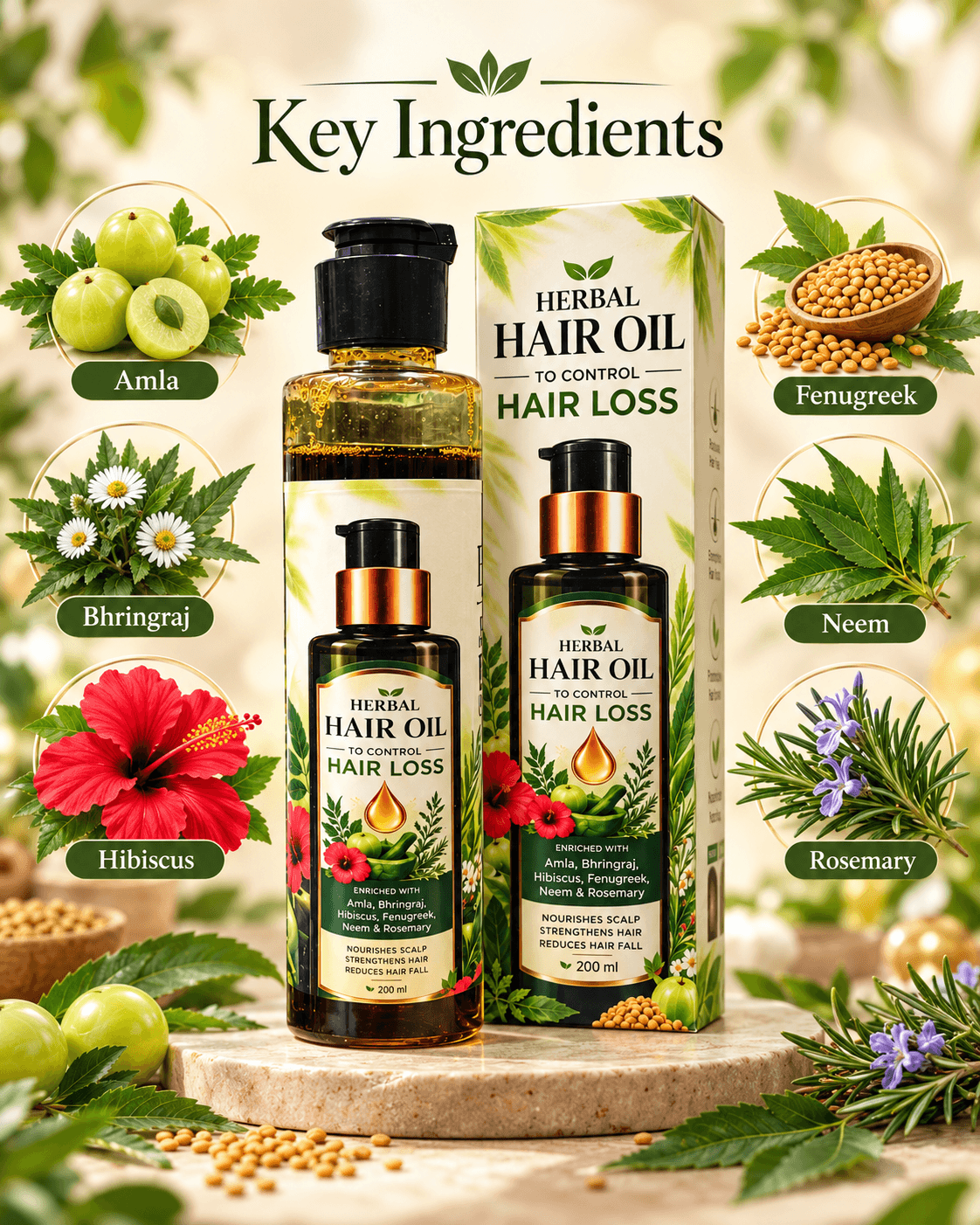 Herbal Hair Oil Ingredient Showcase